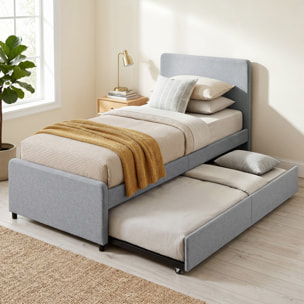 Cama Nido Individual, 90x190 cm, Estructura de Cama Tapizada en Lino con Cabecero y Piecero, Listones de Madera, Sin Colchón, Gris Claro