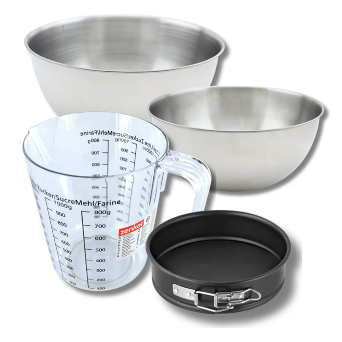 Set pâtisserie avec mini moule à manqué 16 cm, 2 bols à mixer, verre mesureur et spatule Zenker