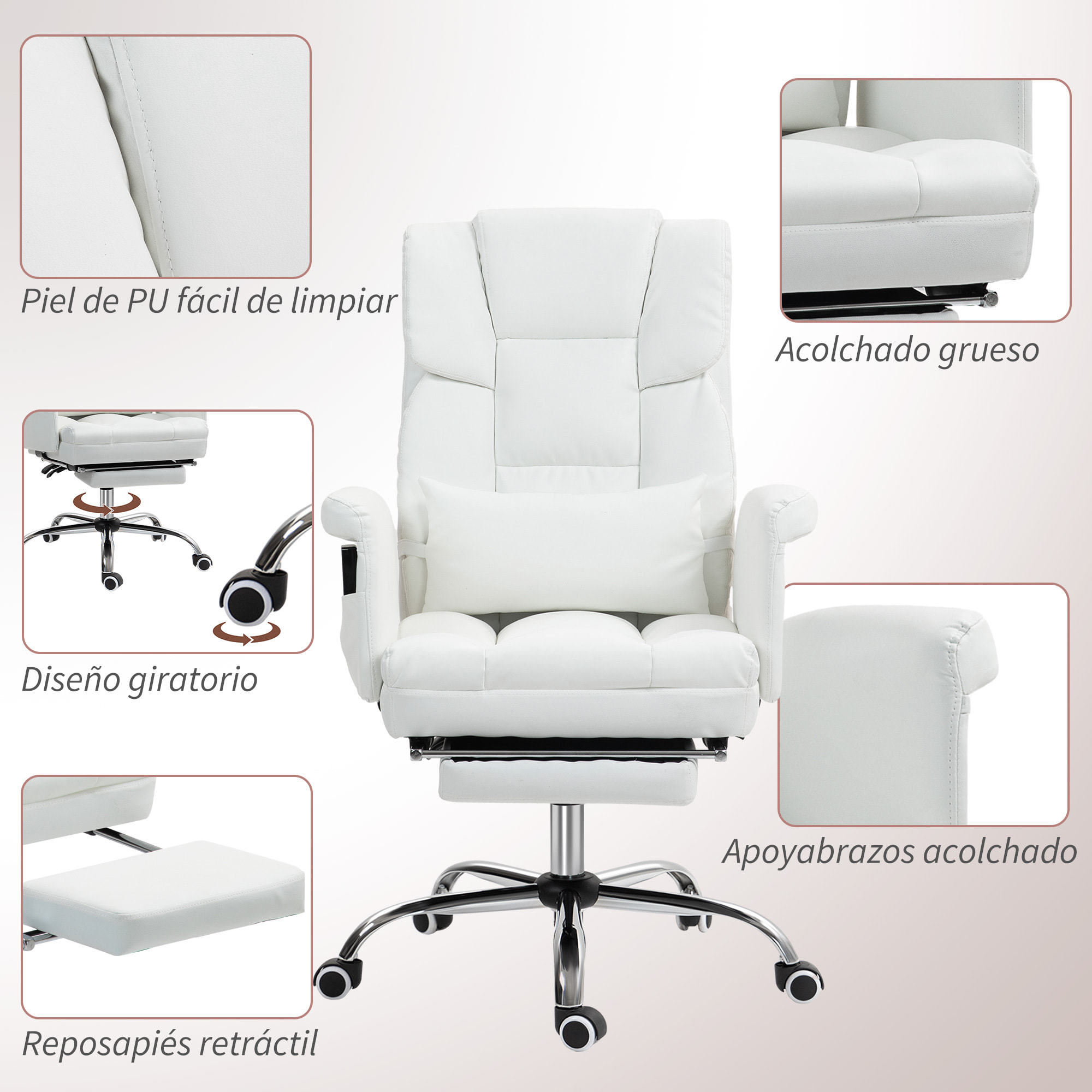 Silla de Oficina con 6 Puntos de Masaje Silla de Masaje Giratoria Silla de Escritorio con Reposapiés Retráctil Altura Ajustable Control Remoto y Soporte Lumbar Tejido de PU Blanco