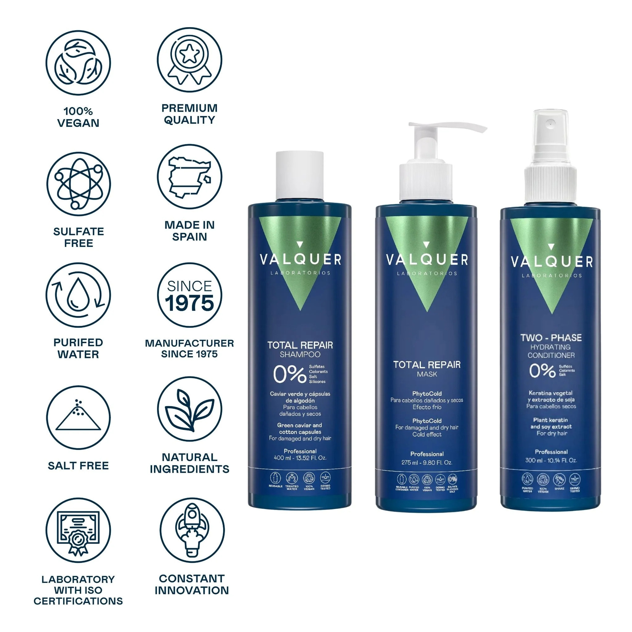 Valquer Pack Total Repair Champú + Mascarilla y Acondicionador bifásico para cabellos dañados - 400 ml + 275 ml + 300 ml
