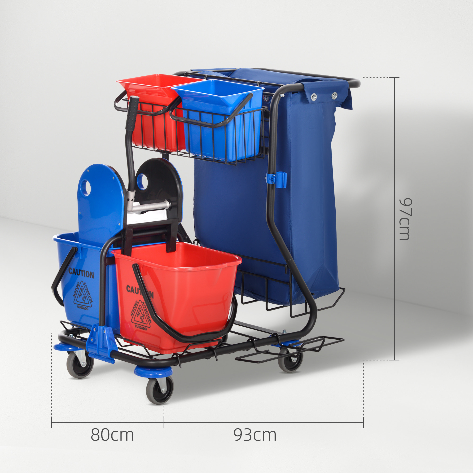 Carro de Limpieza con Bolsa de Basura Carro de Servicio con Doble Cubo de 18 Litros Escurridor de Prensa 2 Cubetas Auxiliares 93x80x97 cm Rojo y Azul