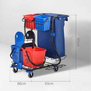 Carro de Limpieza con Bolsa de Basura Carro de Servicio con Doble Cubo de 18 Litros Escurridor de Prensa 2 Cubetas Auxiliares 93x80x97 cm Rojo y Azul