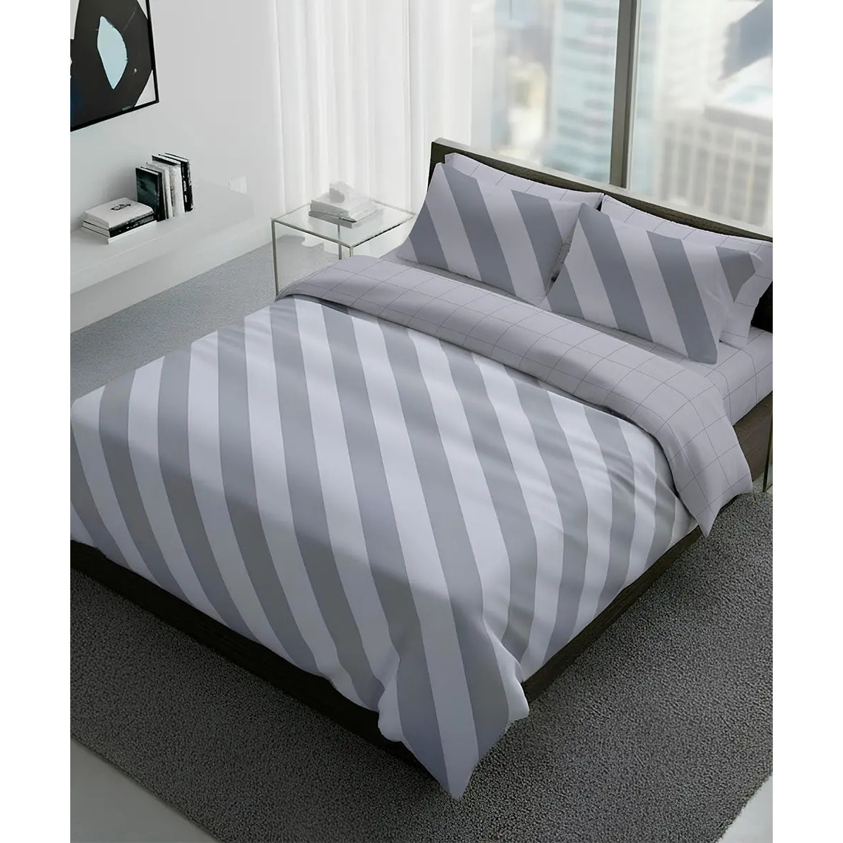 Parure Copripiumino Elite Grigio per letto singolo in 100% Cotone e Made in Italy, geometrico a righe