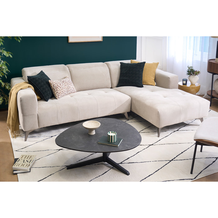 Canapé d'angle droit 3 places avec têtières ajustables en tissu chenille beige et métal NORELL