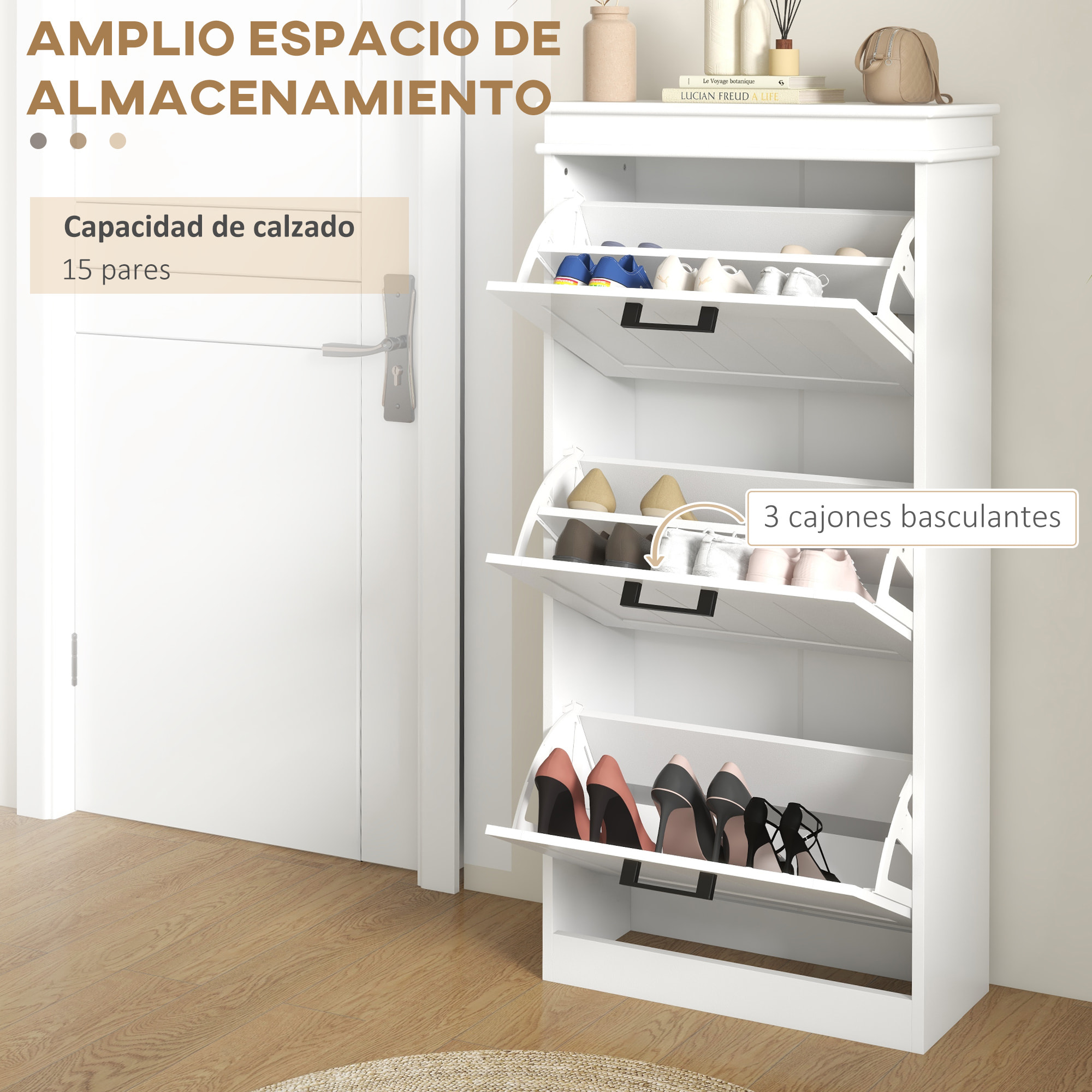 Zapatero Estrecho con 3 Puertas Abatibles, Zapatero Entrada Recibidor, Estantes Ajustables, para 15 Pares de Zapatos, para Pasillo, Espacios Reducidos, Blanco
