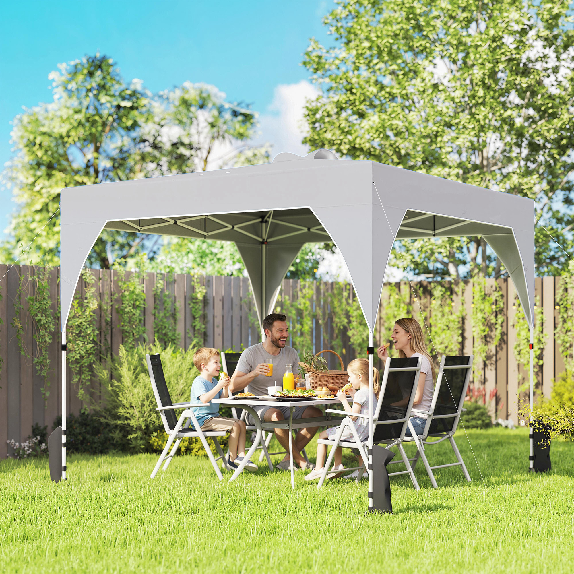 Carpa Plegable 3x3 m, Pop-up, Cenador Pabellón de Jardín con Ventilación Superior, Bloqueo Central, UPF50+, Altura Ajustable 3 Niveles, Bolsa Transporte con Ruedas, Sacos de Arena, Gris