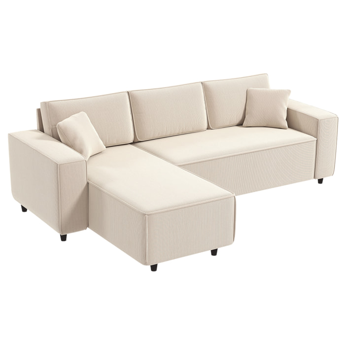 Canapé d'angle réversible 3 places velours côtelé avec 2 coussins crème