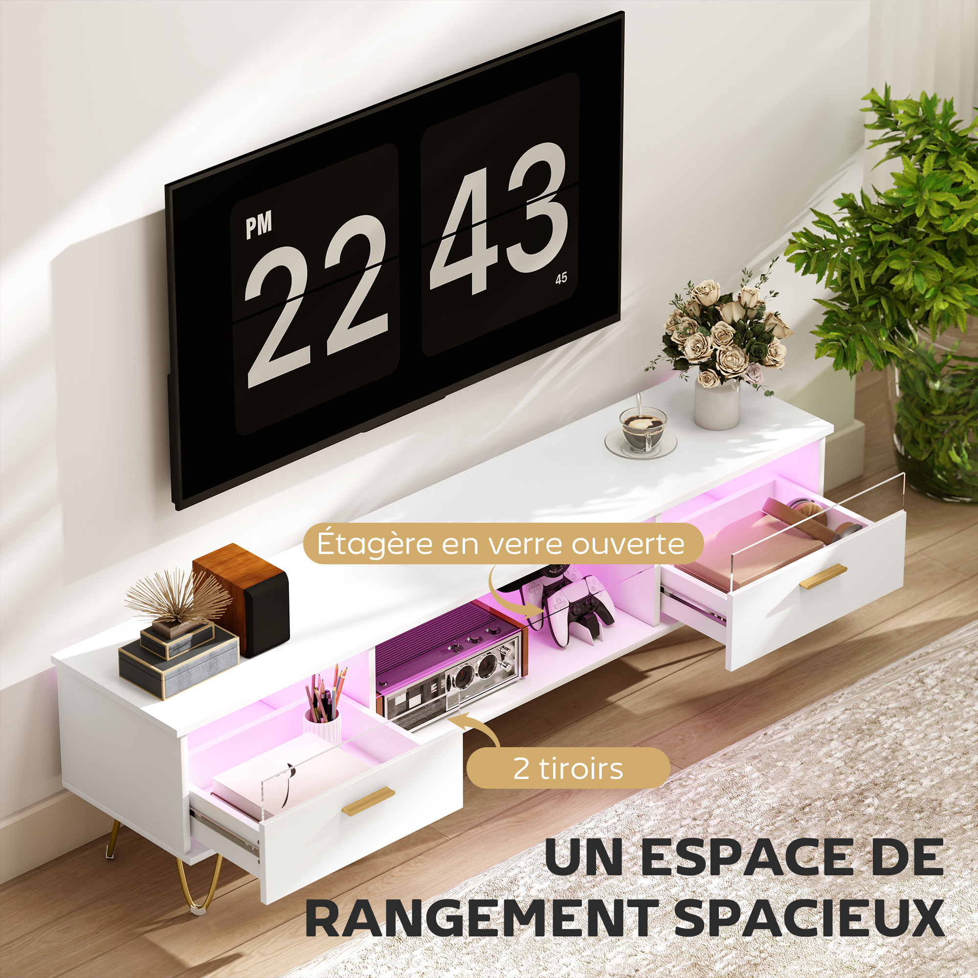 Meuble TV blanc laqué LED design multi-rangement dim. 160x35x42cm