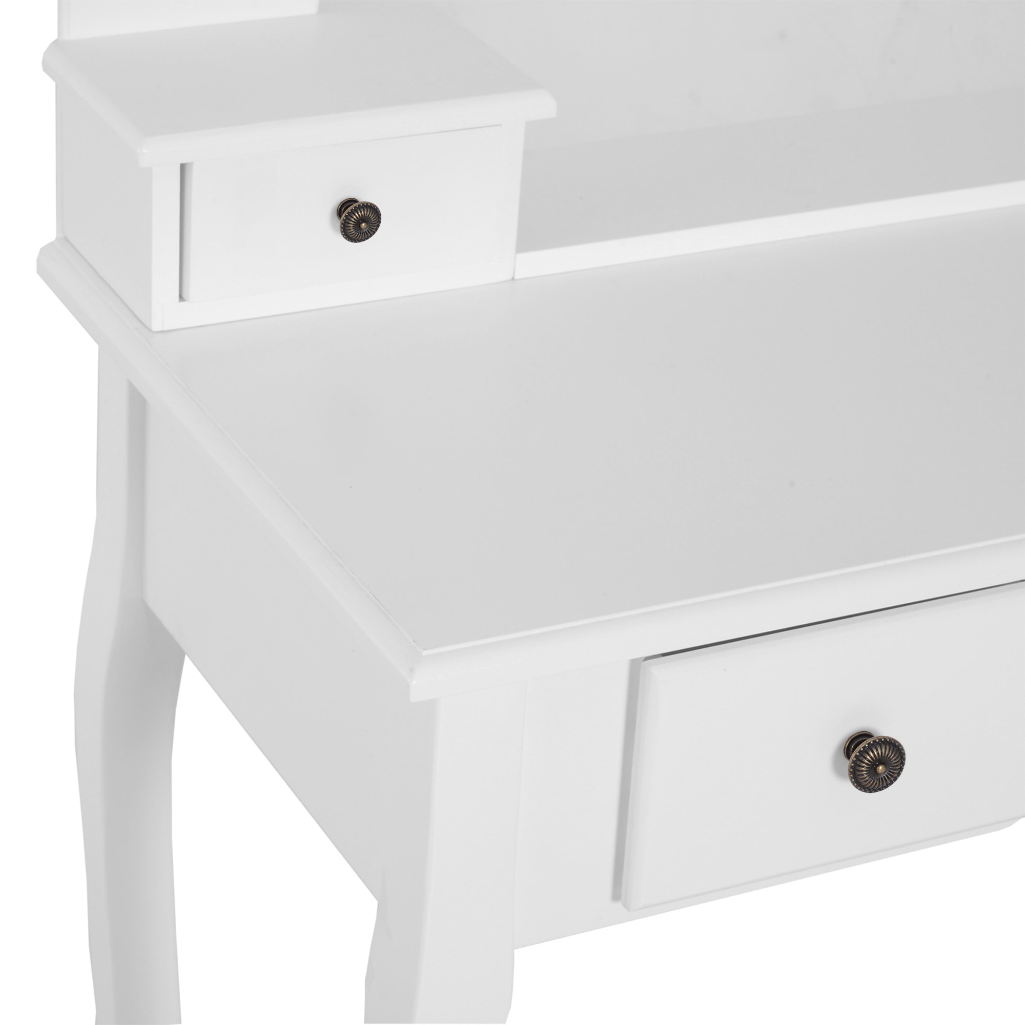 Coiffeuse et tabouret style baroque 5 tiroirs miroir ovale pivotant 360° MDF bois blanc