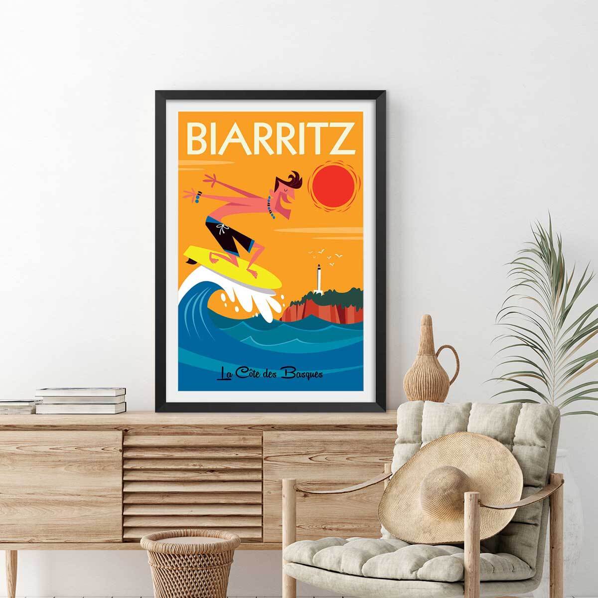 Affiche Surf à Biarritz Affiche + cadre en bois - Noir