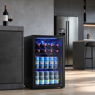 Frigorífico de Bebidas 70 L, Mini Nevera con Puerta de Vidrio Doble, Iluminación LED, 2 Estantes Ajustables, 2-18℃, para 70 Latas, Nevera Pequeña para Refrescos, Cerveza y Vino