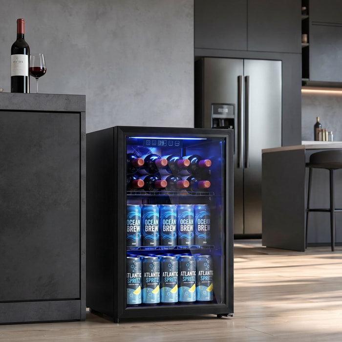 Frigorífico de Bebidas 70 L, Mini Nevera con Puerta de Vidrio Doble, Iluminación LED, 2 Estantes Ajustables, 2-18℃, para 70 Latas, Nevera Pequeña para Refrescos, Cerveza y Vino