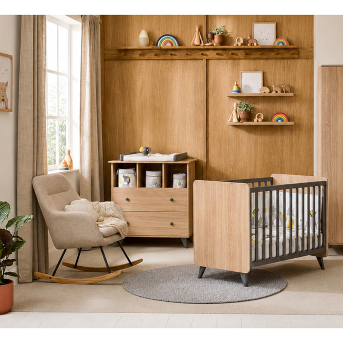 Chambre bébé duo: Lit bébé 60x120 et commode à langer 2 tiroirs décor bois chêne
