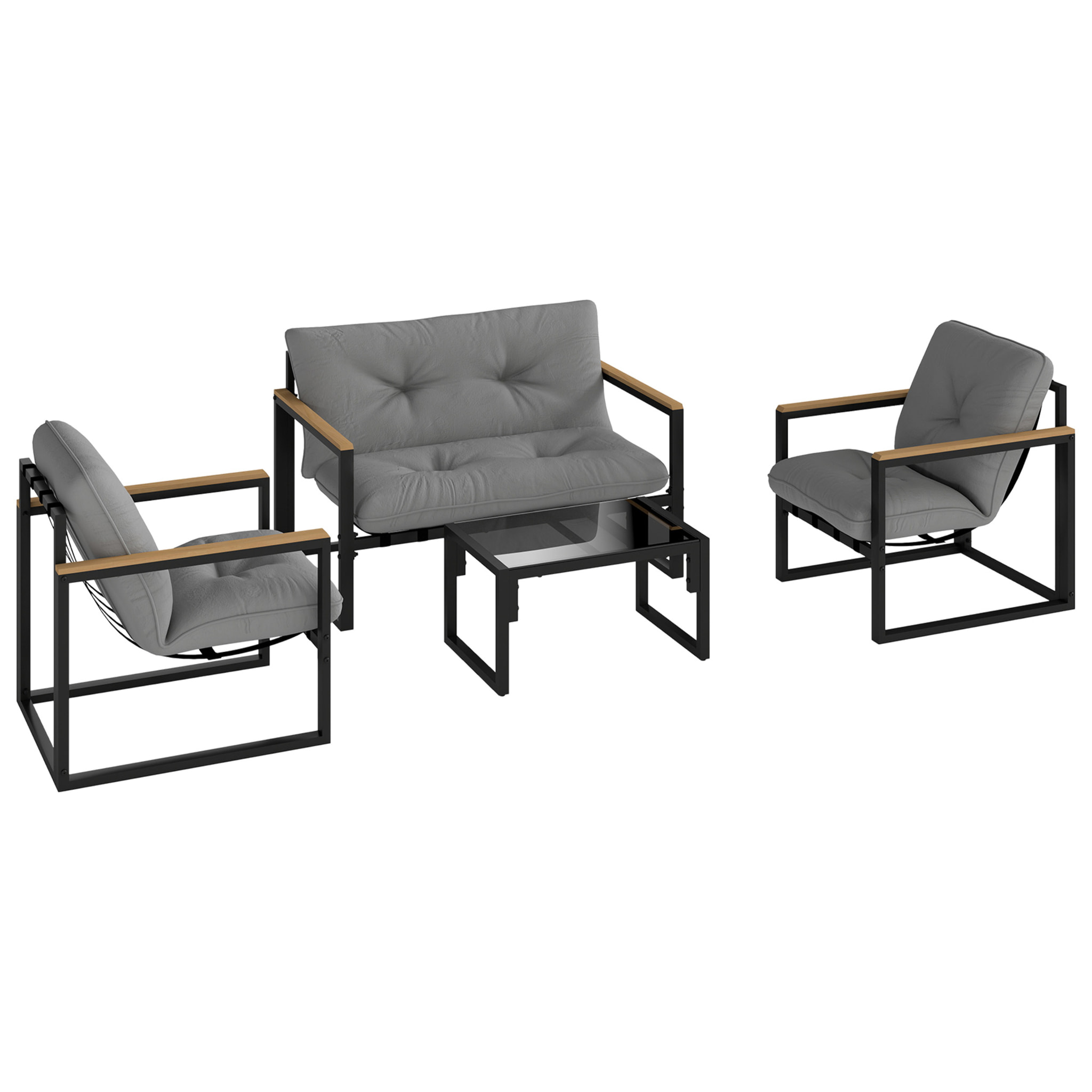 Ensemble salon de jardin 4 places 4 pièces coussins gris acier époxy noir plastique effet bois