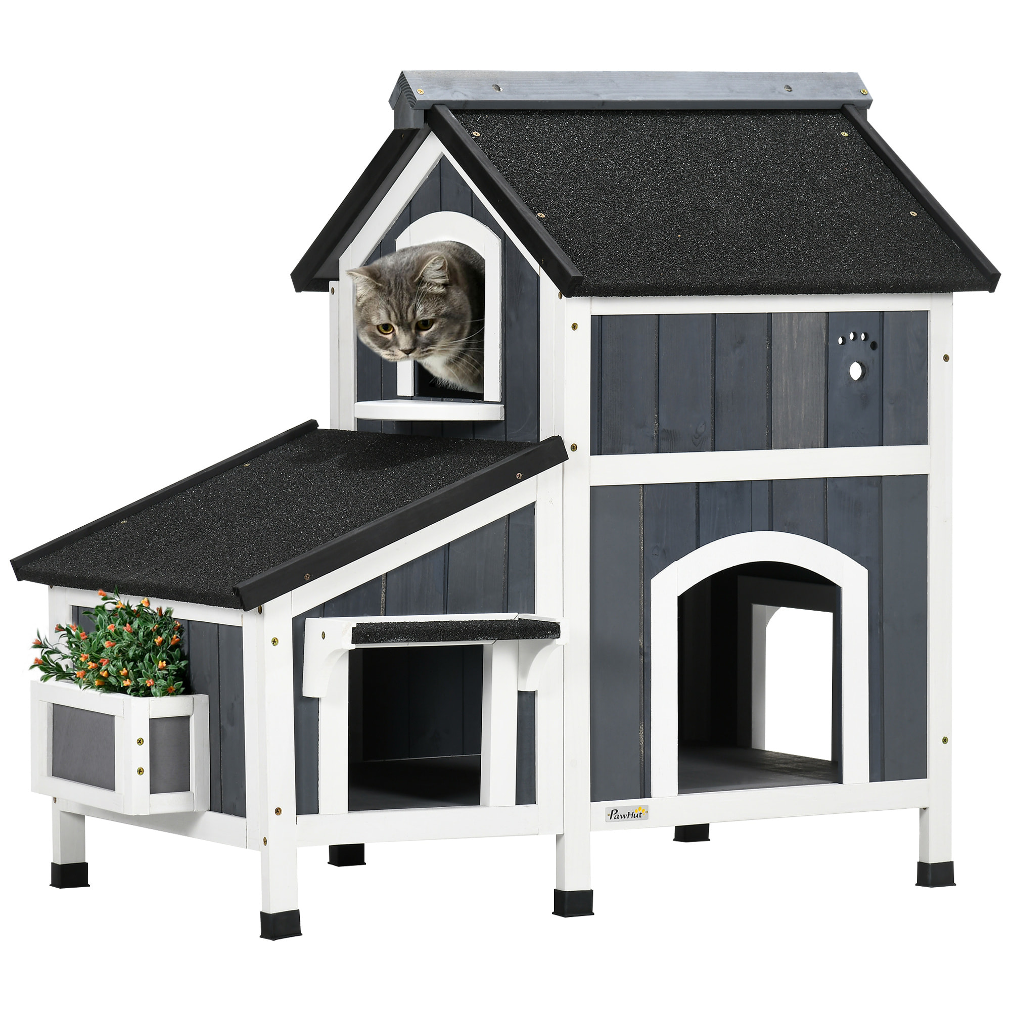 Caseta para Gatos de Madera con Macetero 96x65x85,5 cm Casa para Gatos Refugio para Gatos de 2 Niveles con Techo Asfáltico Ventana y Múltiples Entradas Gris