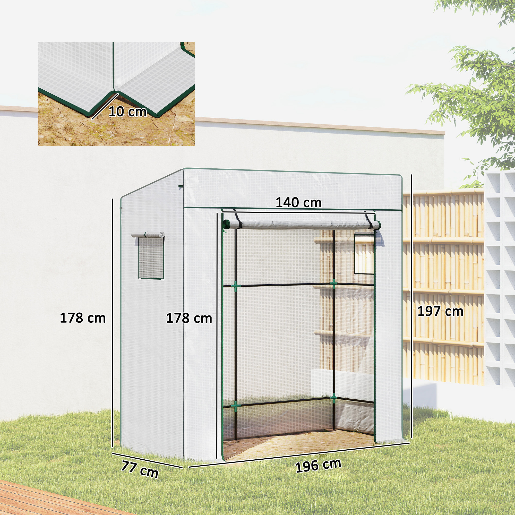 Invernadero Pequeño Invernadero de Exterior con Ventanas de Malla y Puerta con Cremallera Marco de Acero y Cubierta de PE 140g/m² para Cultivar Tomates Plantas Flores 196x77x197 cm Blanco