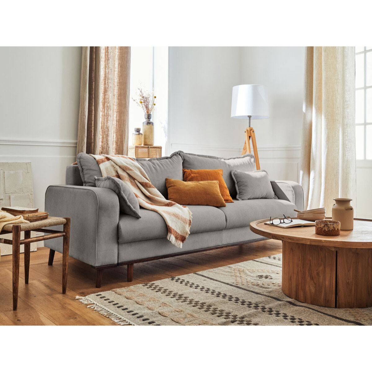 Albane - canapé 3 places - convertible avec coffre - en velours côtelé - Gris clair