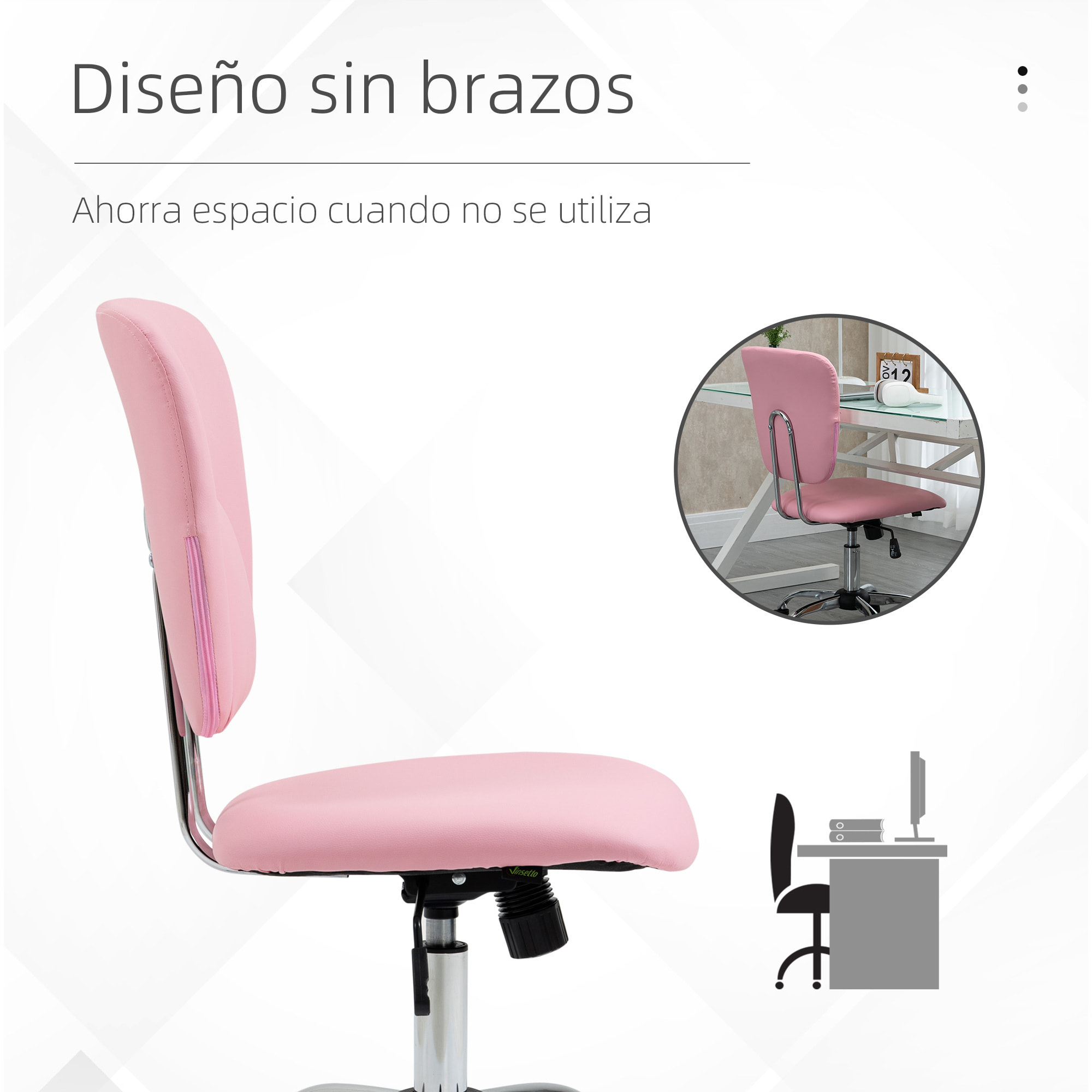 Silla de Oficina Silla de Escritorio Giratoria de Cuero PU con Altura Ajustable y Función de Inclinación para Salón Dormitorio Estudio Carga 120 kg 50x54x87,5-96,5 cm Rosa