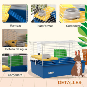Jaula para Hurones con Bandeja Inferior Jaula para Animales Pequeños con Plataforma con Rampa Comedero y Bebedero Recinto para Conejos Pequeños Chinchillas Cobayas 71x46x47 cm Blanco y Azul