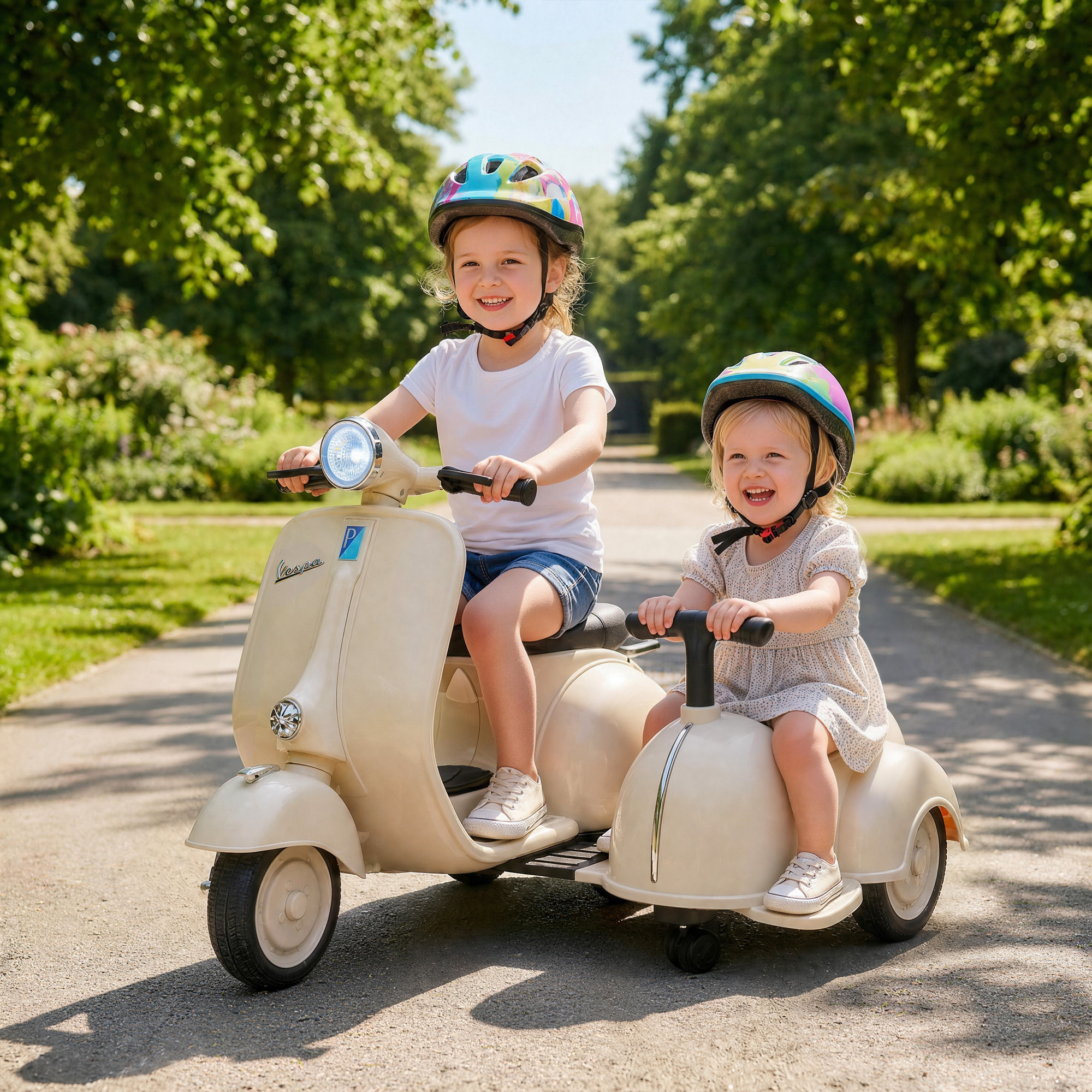 Moto Eléctrica para Niños Licencia VESPA 6V con 2 Asientos, Moto Eléctrica Infantil con Arranque Suave, Luz Delantera, Música, Bocina, USB y Almacenamiento, Regalo para Niños +3 Años, Crema