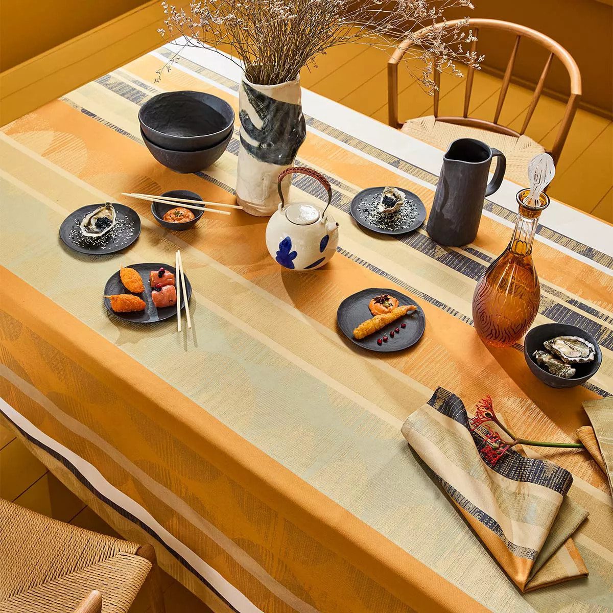 Set pur coton motif jacquard beige marron Mille edo cuir