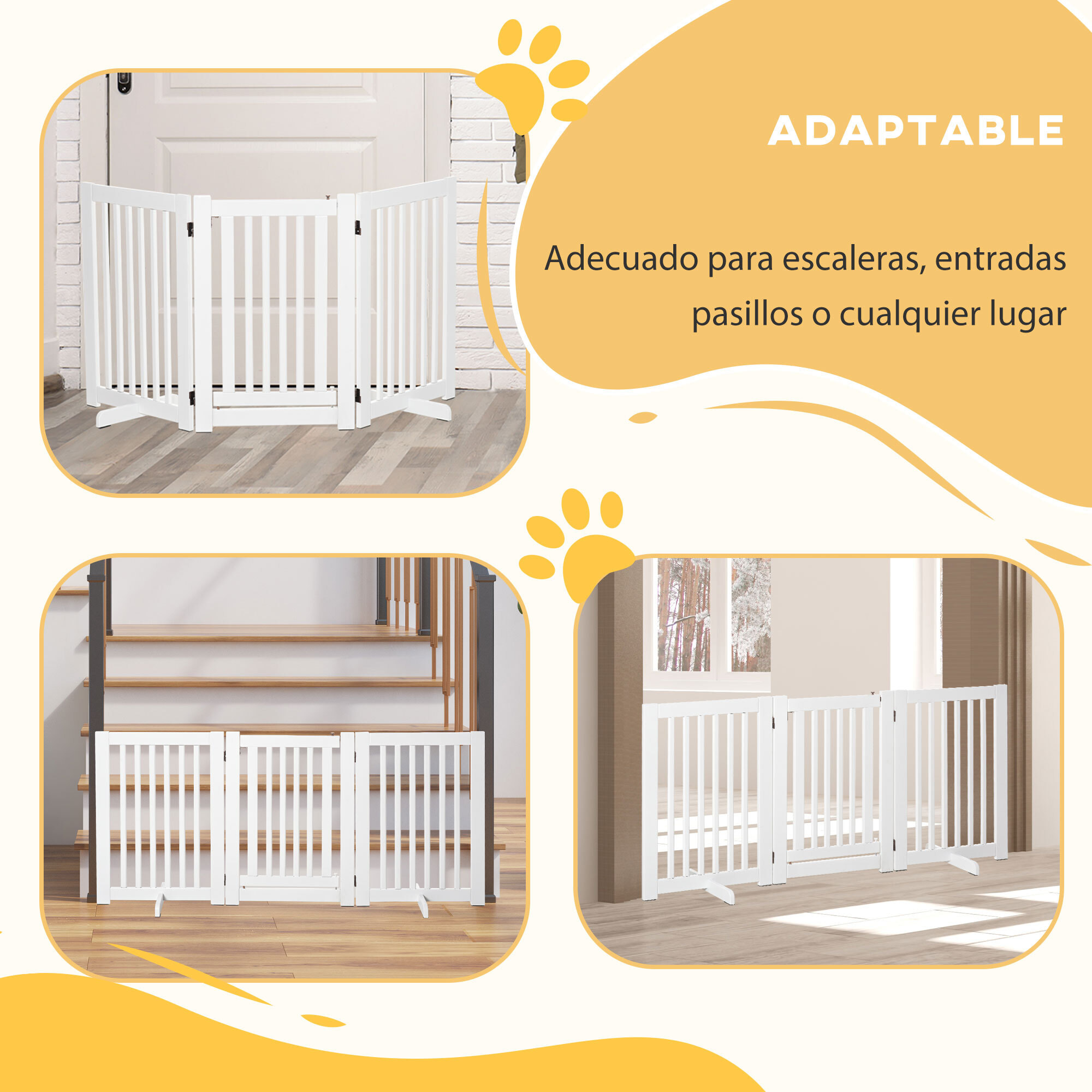 Barrera para Perros de Madera Valla para Mascotas Plegable de 3 Paneles con 1 Puerta y Patas de Apoyo para Pasillo Escalera 155x35,5x76 cm Blanco