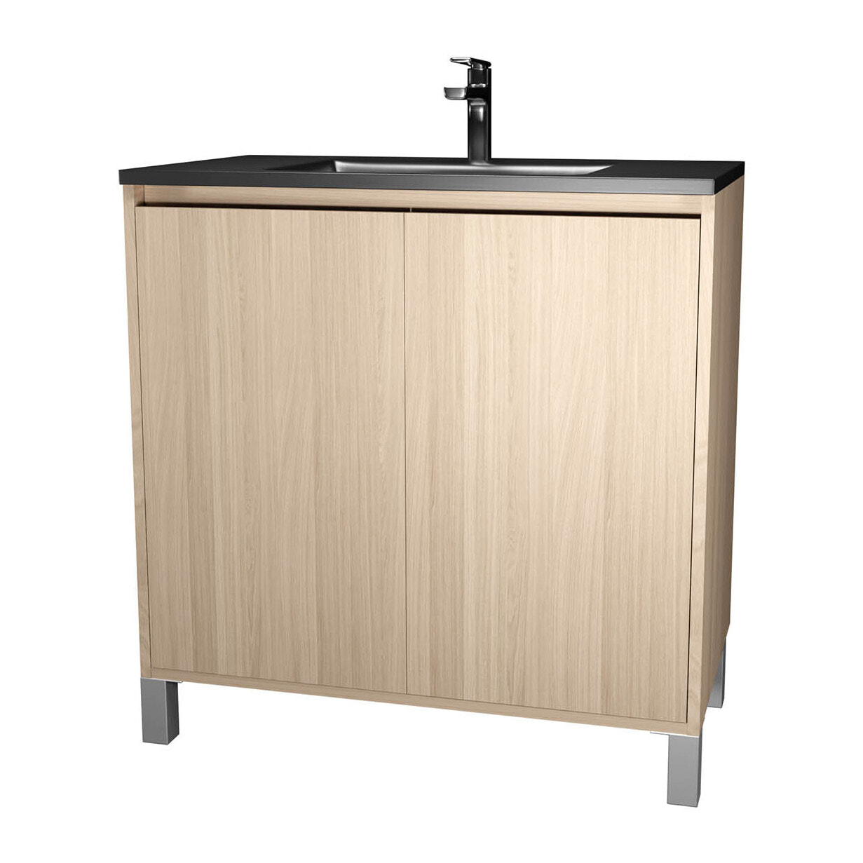 Meuble de salle de bains 80 cm 2 Portes Chêne Clair + Vasque Céramique Noire - XENOS