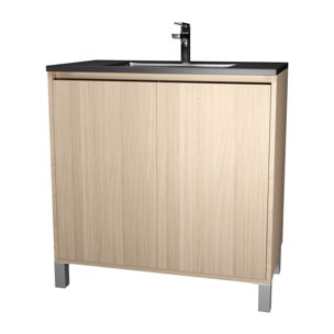 Meuble de salle de bains 80 cm 2 Portes Chêne Clair + Vasque Céramique Noire - XENOS
