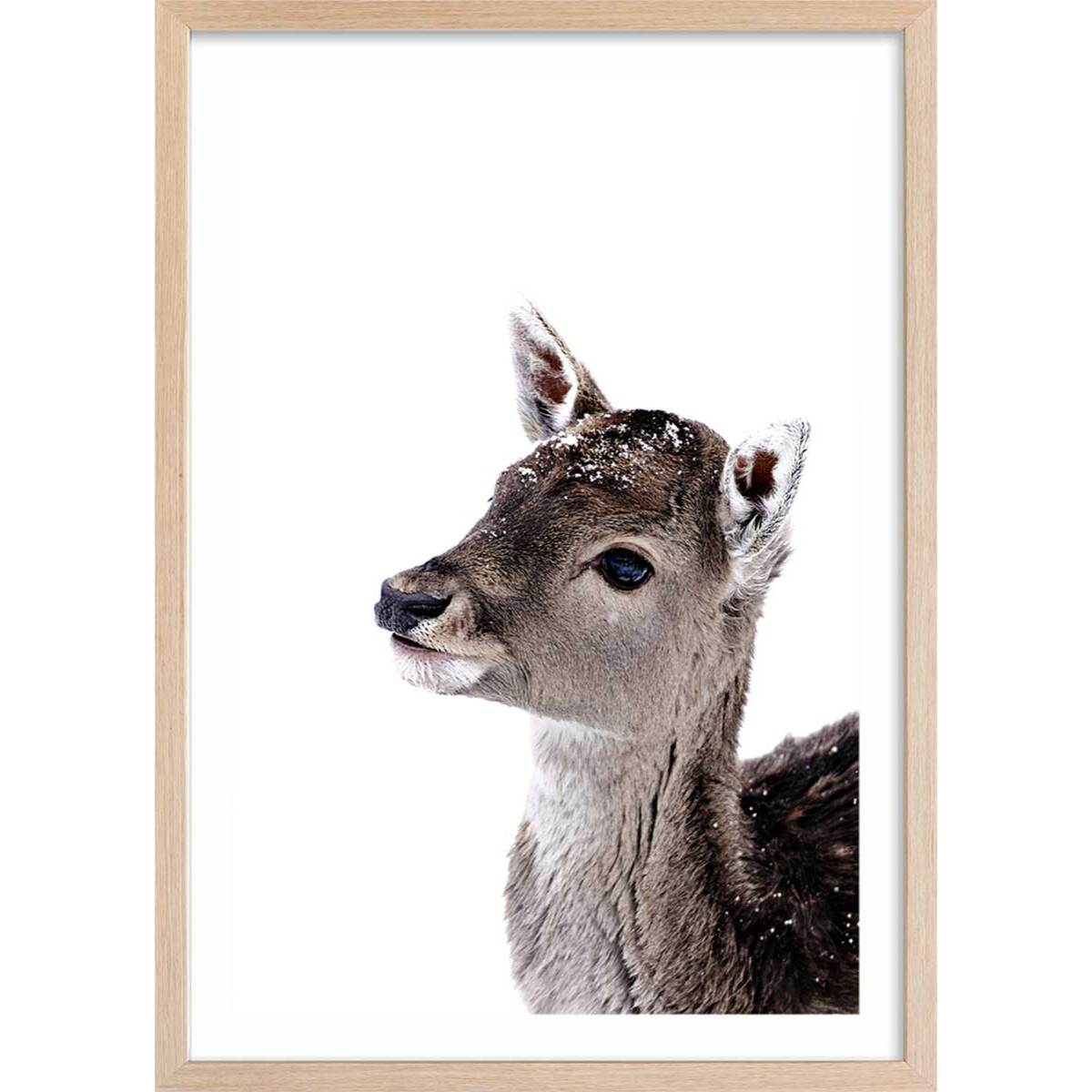 Affiche enfant faon sous la neige  Affiche + cadre en bois - Chêne