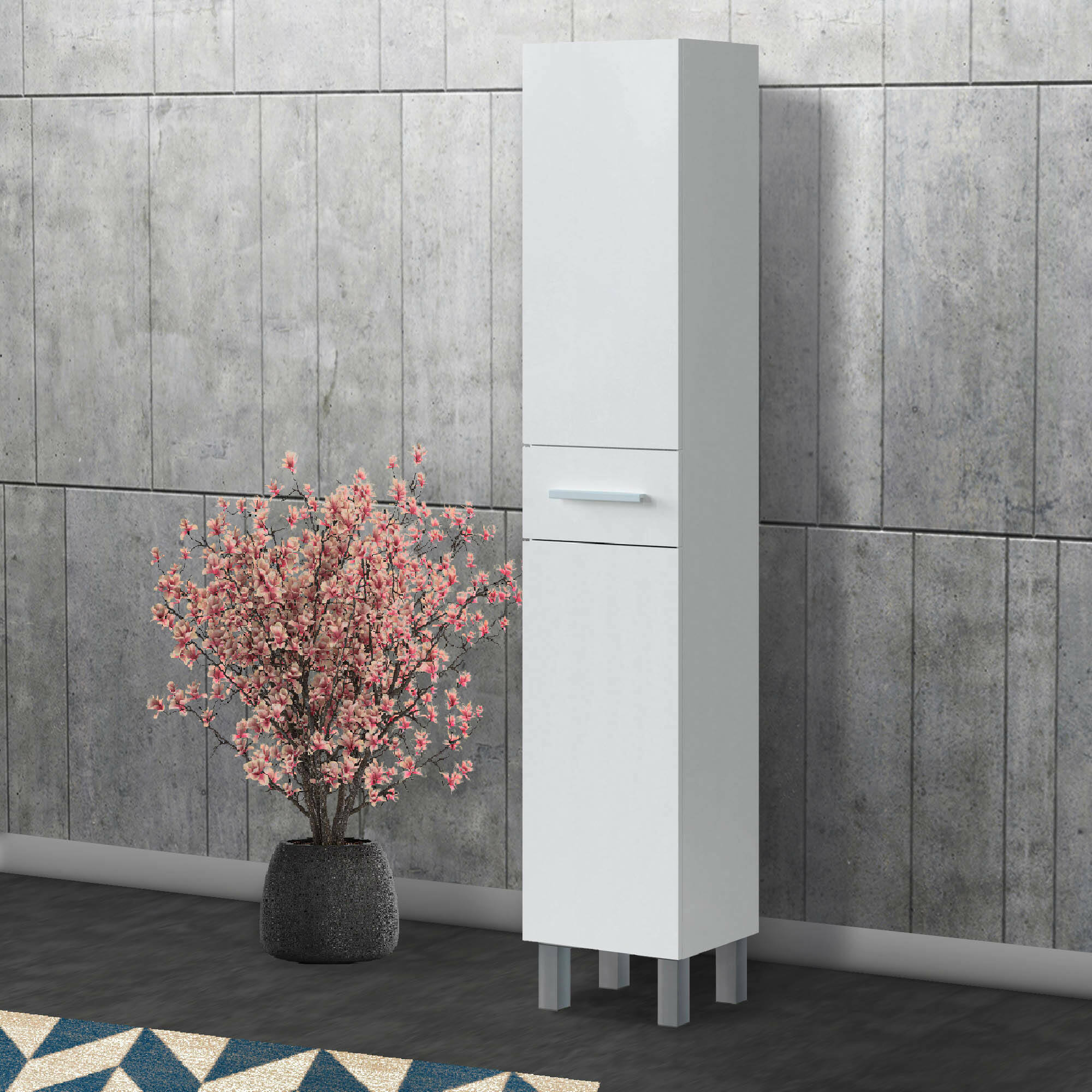 Mobile colonna Alka, Pensile bagno con 2 ante e 1 cassetto, Armadio alto, 35x31h182 cm, Bianco lucido