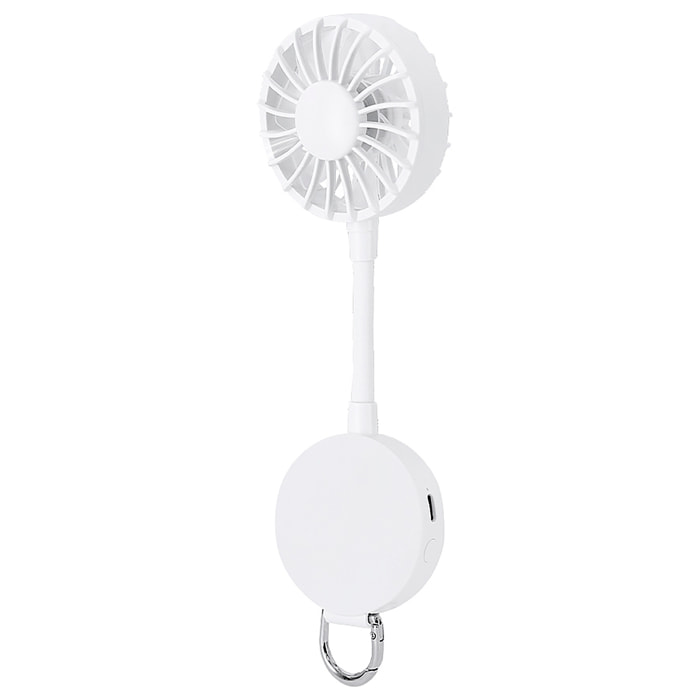 Ventilador multiposición con rotación de 360°, soporte ajustable e imán para smartphone. Dispone de 3 velocidades, con batería recargable de 300 mAh.