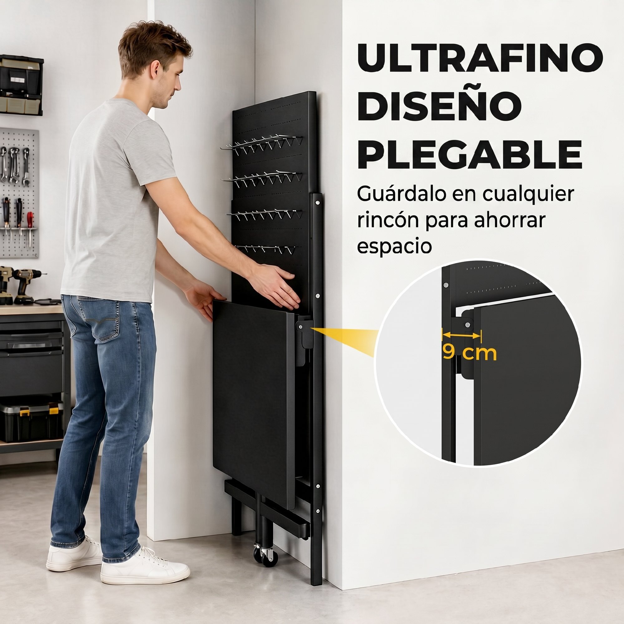 Banco de Trabajo Plegable con Tablero Perforado y Ruedas, Mesa de Trabajo Plegable con Ganchos, Marco de Acero, Banco para Garaje o Taller, 115x62x143,5 cm, Negro