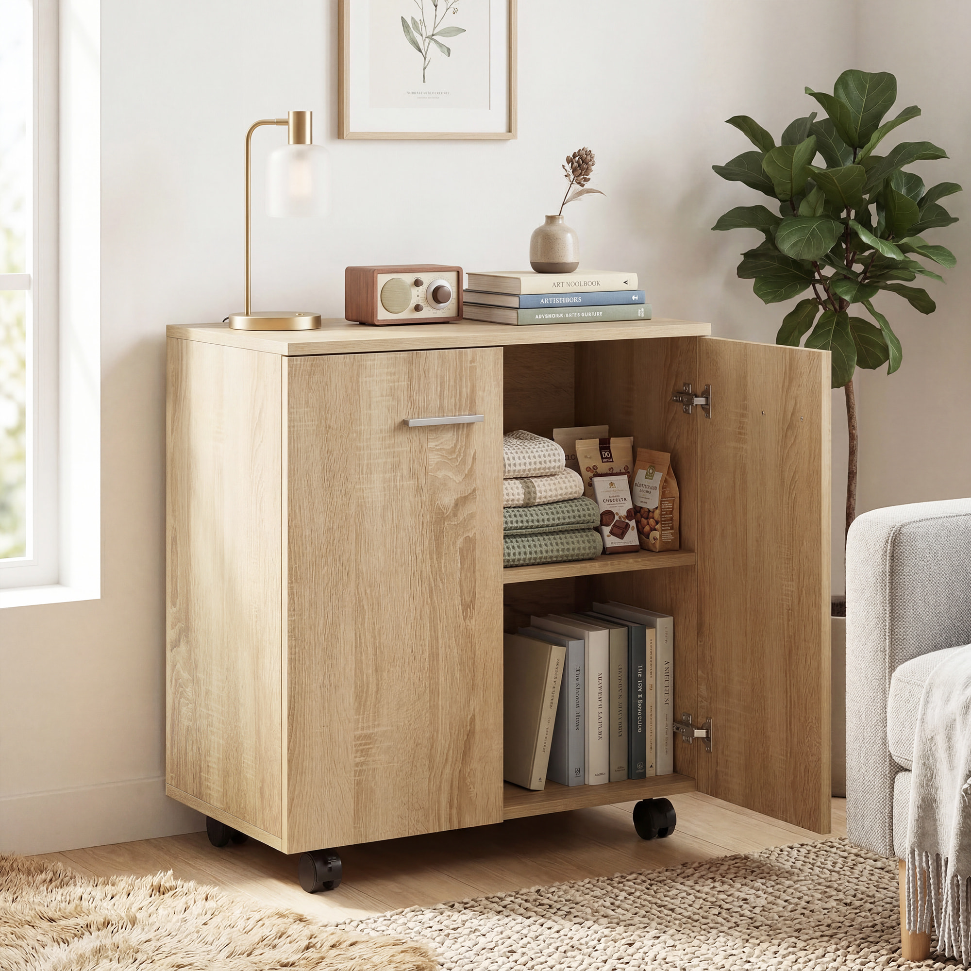 Aparador con Ruedas, Aparador de Salón con 2 Puertas y Estantes, para Sala de Estar, Dormitorio, Oficina, 60x35x65 cm, Natural