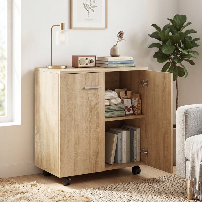 Aparador con Ruedas, Aparador de Salón con 2 Puertas y Estantes, para Sala de Estar, Dormitorio, Oficina, 60x35x65 cm, Natural