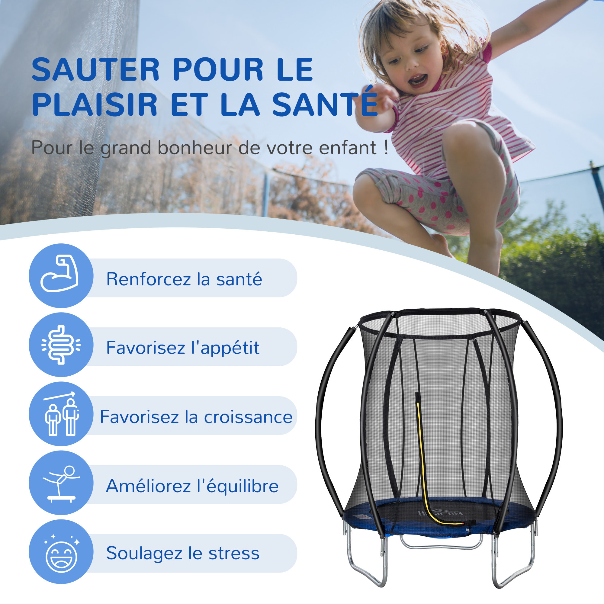 Trampoline enfant Ø 2,25 × 2,35H m filet de sécurité porte zipée couvre-ressorts 6 poteaux rembourrés incurvés bleu