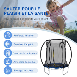 Trampoline enfant Ø 2,25 × 2,35H m filet de sécurité porte zipée couvre-ressorts 6 poteaux rembourrés incurvés bleu