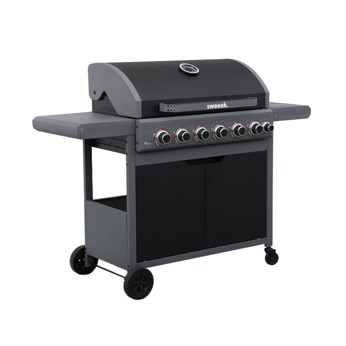 Barbecue au gaz Edmond noir - 6 brûleurs + 1 feu latéral. avec thermomètre. L 132x P62 x H143 cm