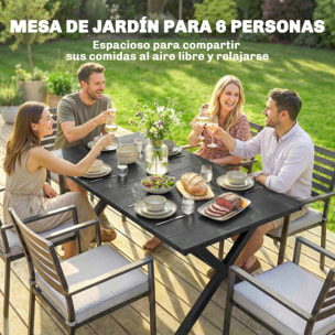 Mesa de Comedor de Jardín Rectangular, Mesa de Terraza Exterior 150x90x74 cm, con Encimera de HDPE de Listones y Estructura Metálica, para 6 Personas, Carga 50 kg, para Patio, Balcón, Negro