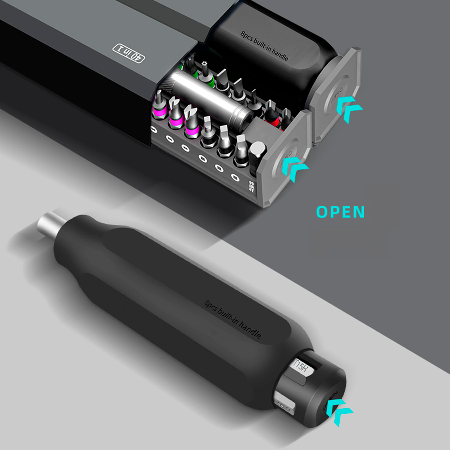 Destornillador multifunción 40 en 1 con carcasa de aluminio y compartimento para 8 puntas favoritas.
