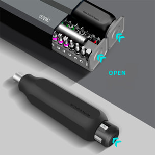 Destornillador multifunción 40 en 1 con carcasa de aluminio y compartimento para 8 puntas favoritas.