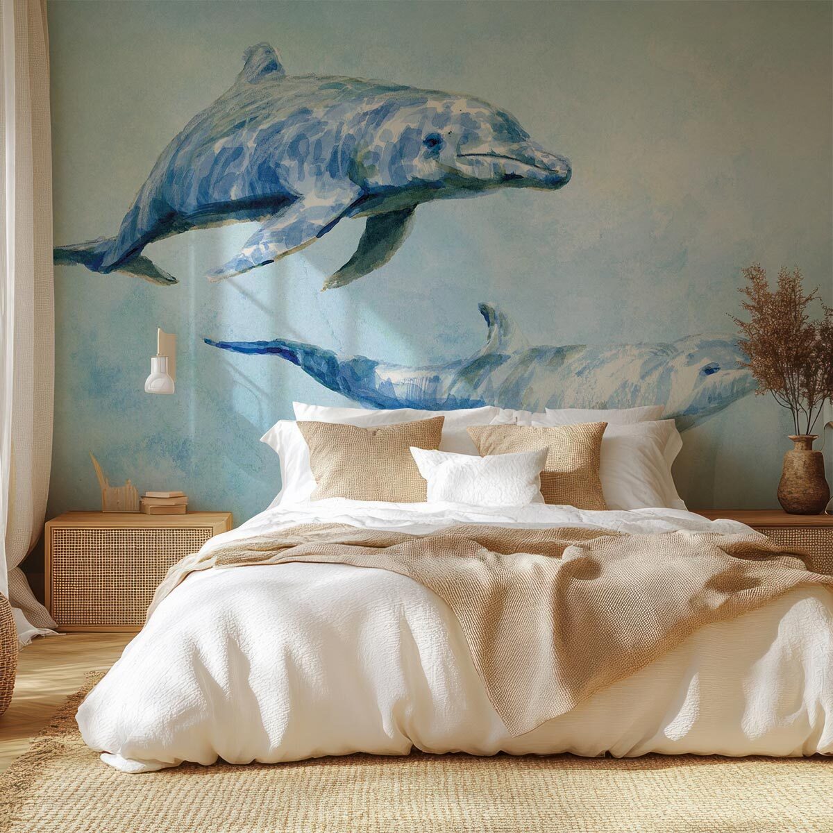 Papier peint dauphins aquarelle bleu océan ambiance marine Intissé