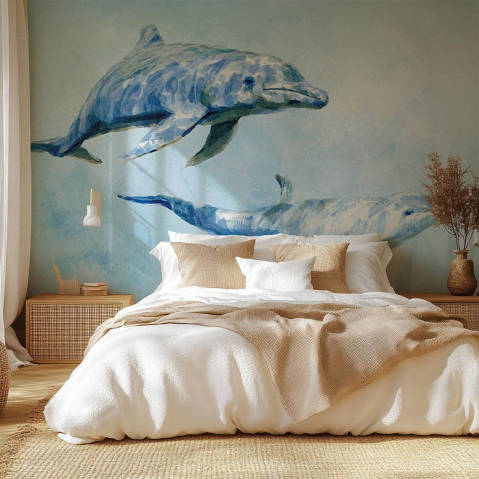 Papier peint dauphins aquarelle bleu océan ambiance marine Intissé