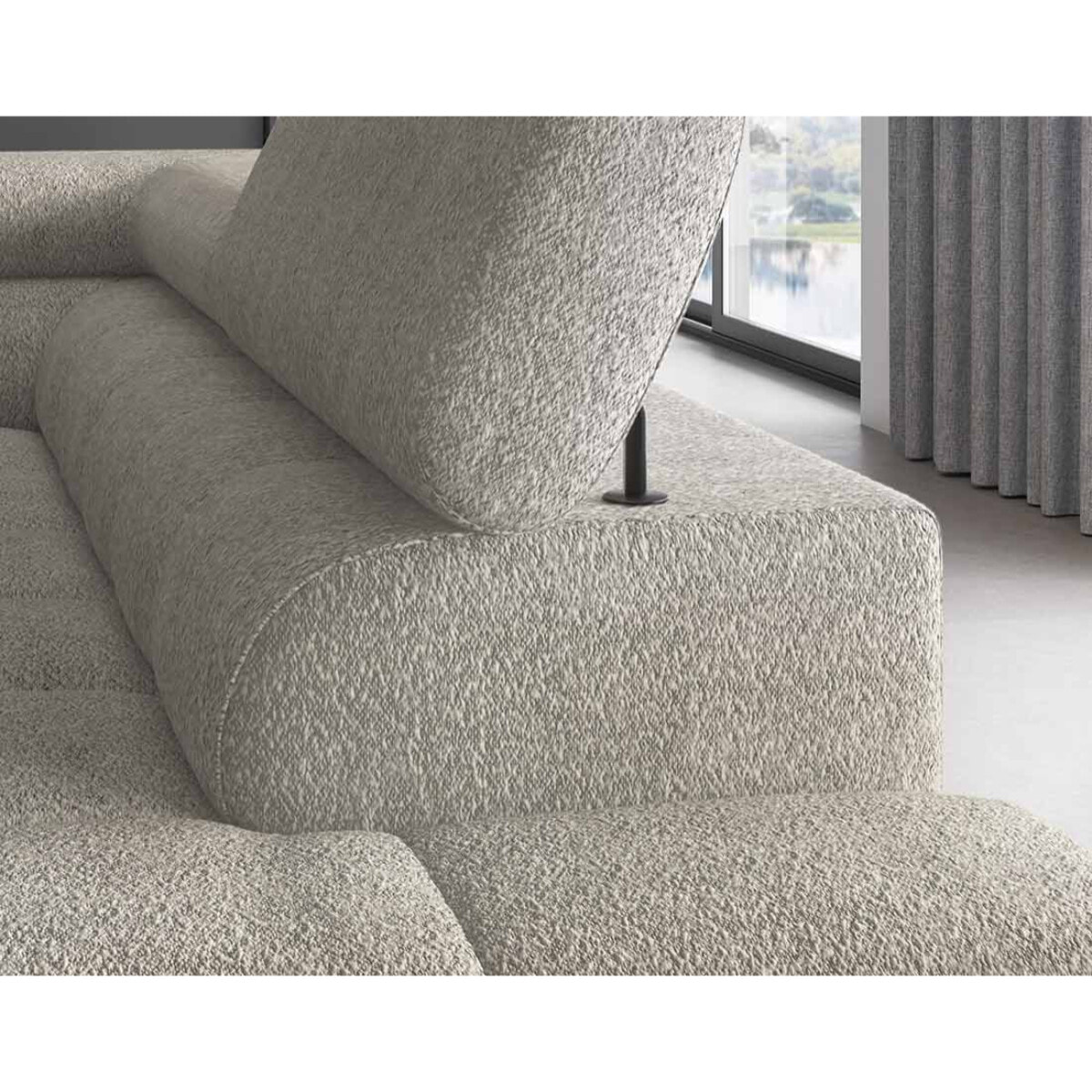Elisa - canapé d'angle droit 5 places convertible avec coffre et têtières réglables en tissu bouclette - Taupe