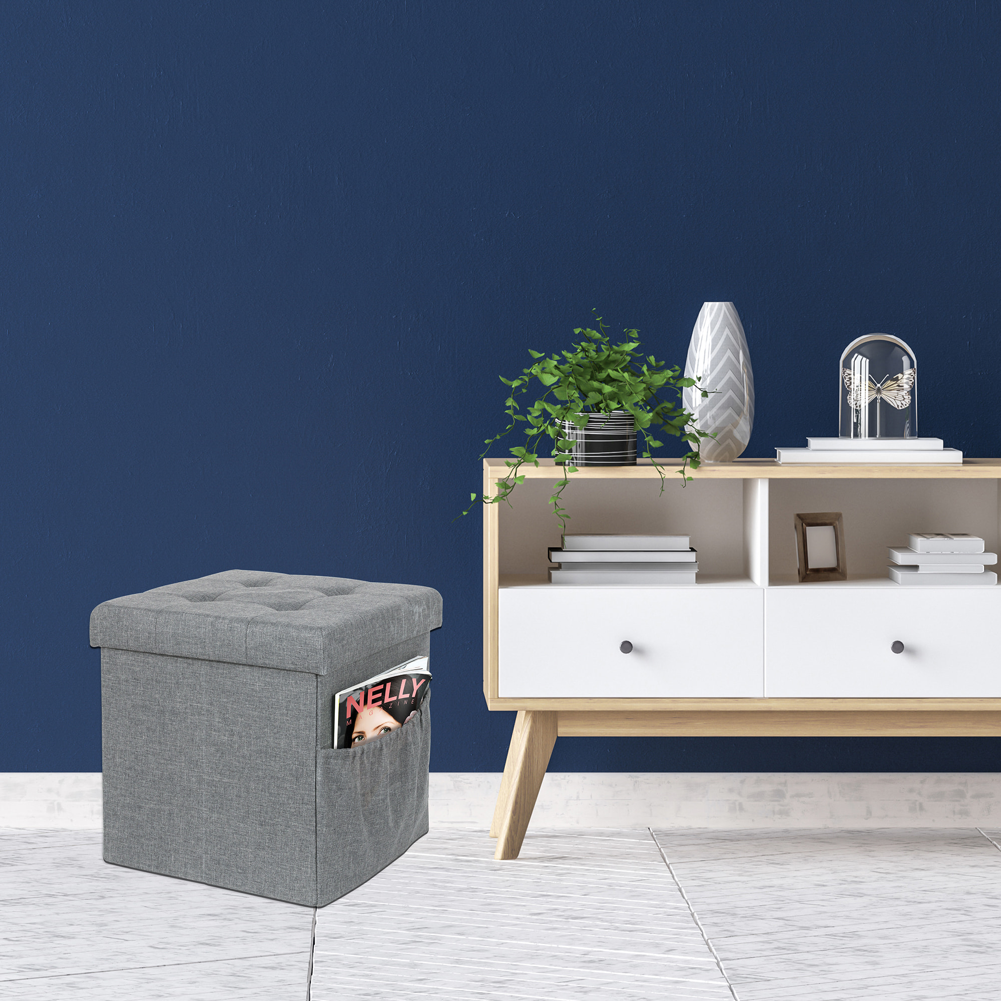 Coffre Pouf Pliable Tissu Gris Fonce