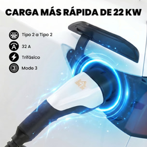 HOMCOM Cable de Carga Coche Eléctrico 22kW, 5m, 32A, Cable de Carga EV Tipo 2, Modo 3, Trifásico con IP65, Paño de Limpieza y Bolsa Almacenamiento, Carga Rápida para Wallbox y Estaciones de EV y PHEV