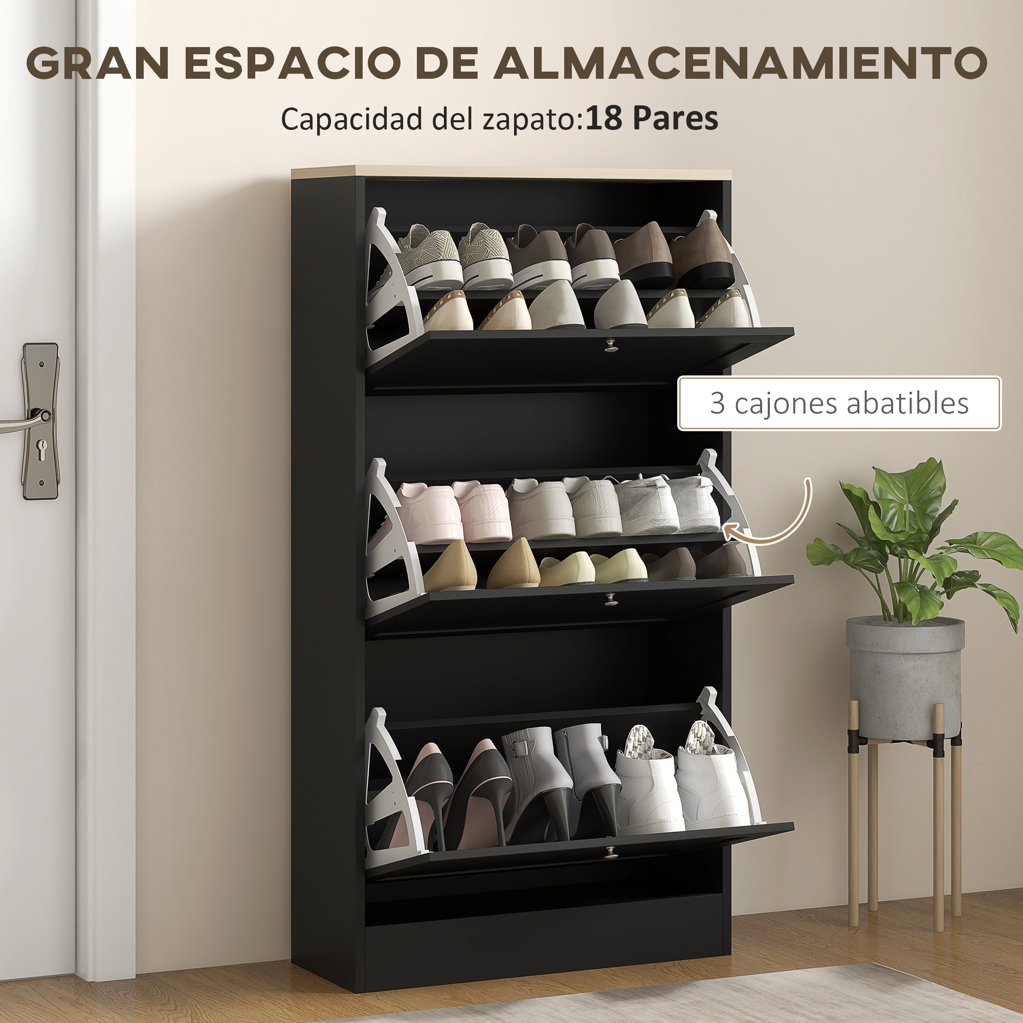 Mueble Zapatero Moderno Armario Zapatero con 3 Cajones Abatibles y Estantes Ajustables para 18 Pares de Zapatos Zapatero Estrecho para Pasillo Entrada 60x23,5x115 cm Negro
