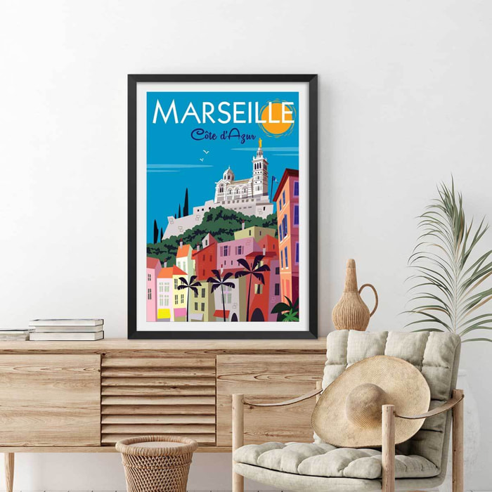 Affiche vintage Marseille Affiche + cadre en bois - Noir