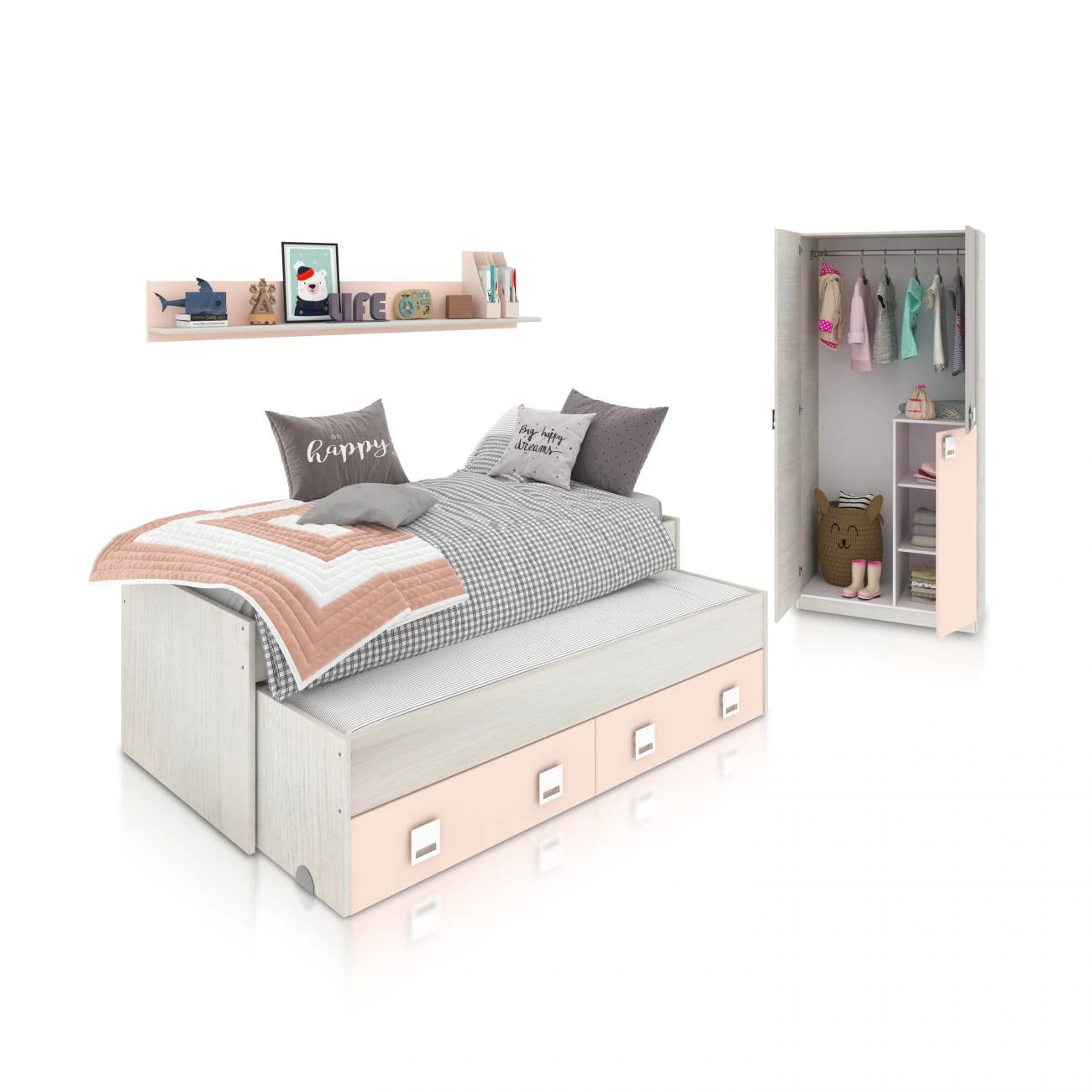 Dormitorio juvenil Kenia Plus Blanco Alpes - Rosa y Gris