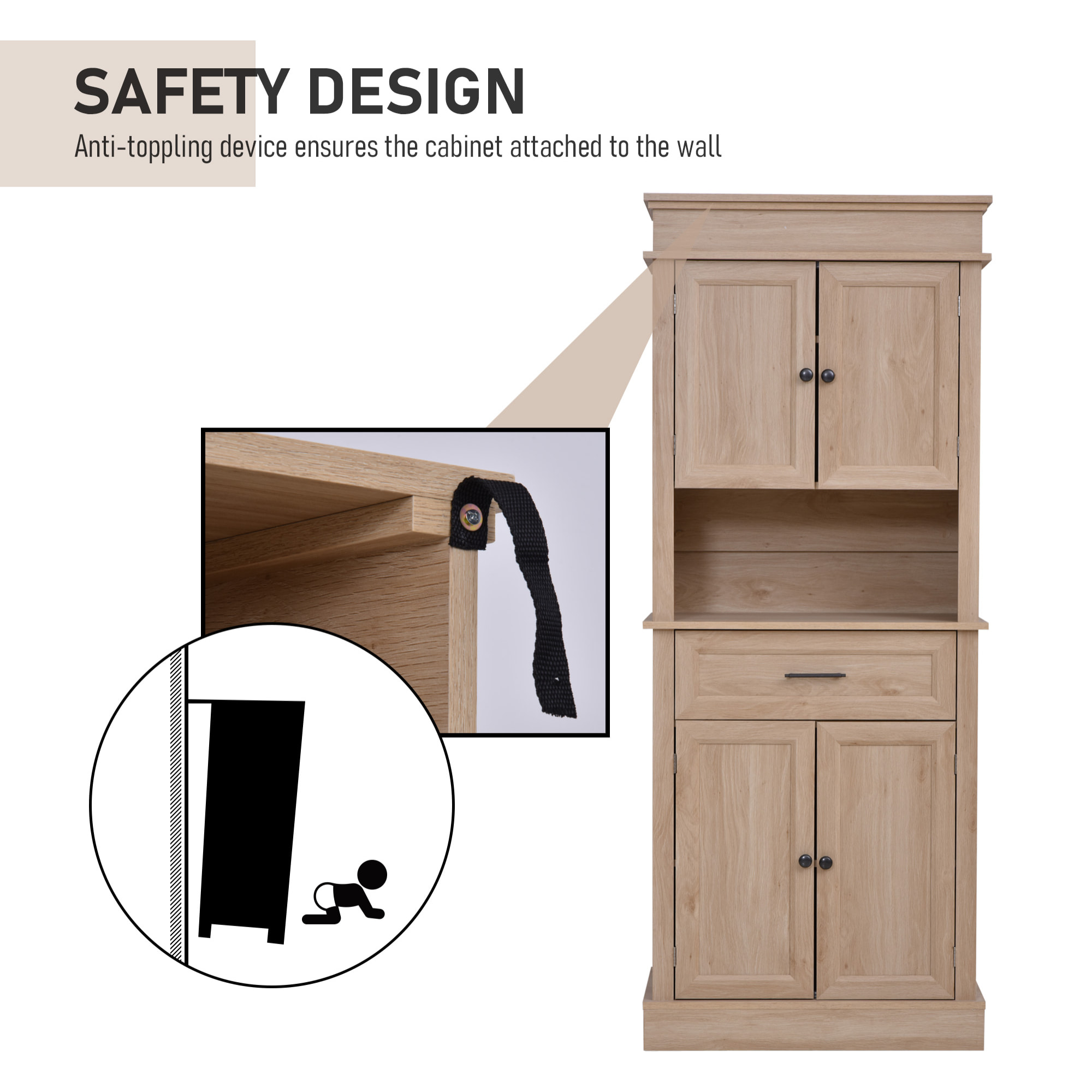 Armoire de cuisine multi-rangements 2 placards 2 portes tiroir niche MDF panneaux chêne clair