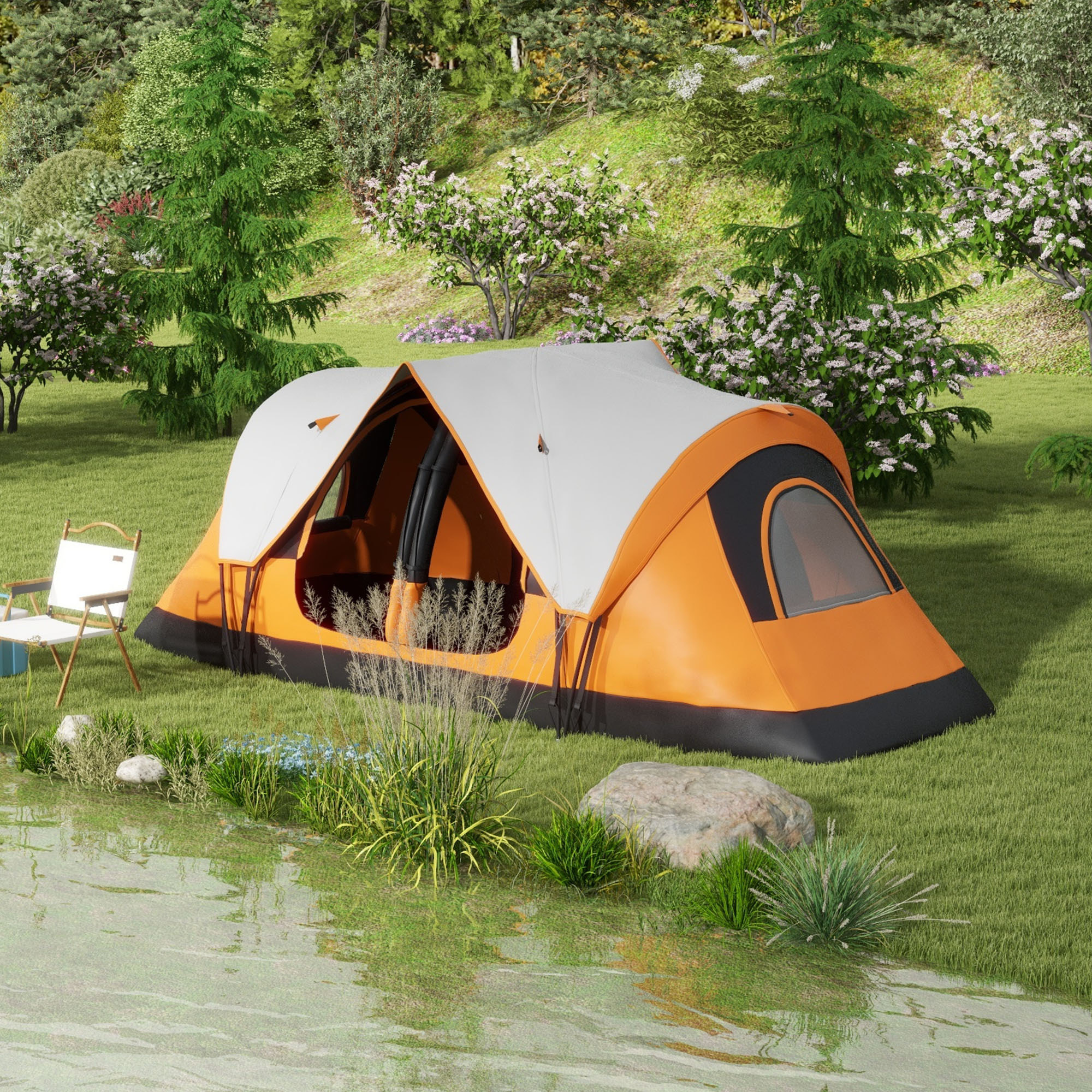 Tente de camping familiale 6-8 pers. double toit étanche 2 000 mm moustiquaire sac de tranport orange